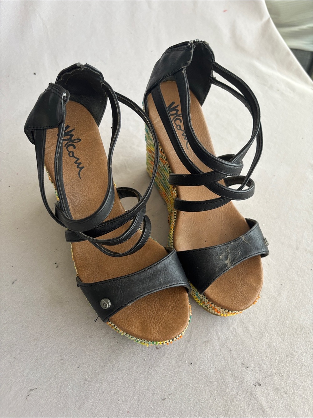 Volcom Black Multi-Color Wedge Sandals
